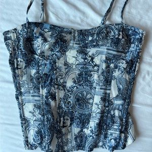 Blue Renaissance Print Structured Corset Top